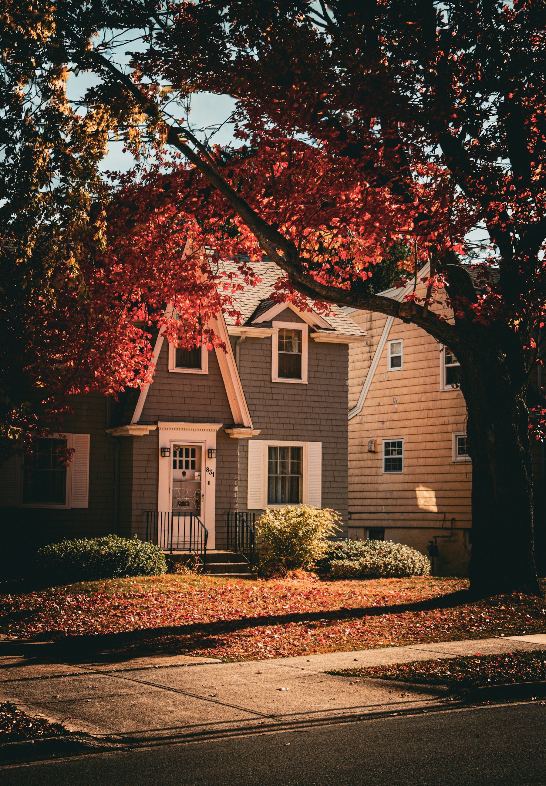 Two-story house framed by red autumn leaves